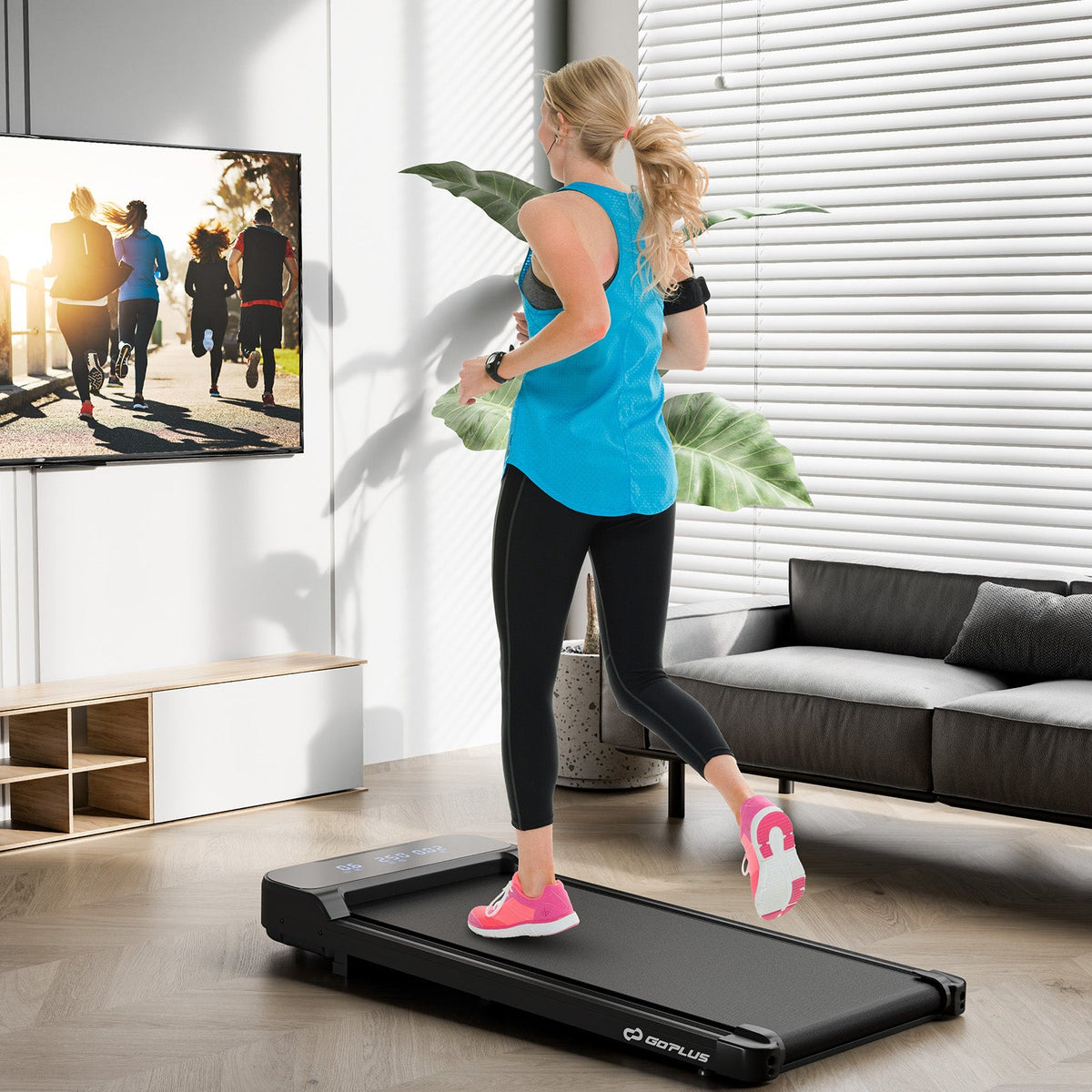2.5HP under-desk walking pad featuring a quiet brushless motor, 4 mph speed, cushioned belt, and remote control