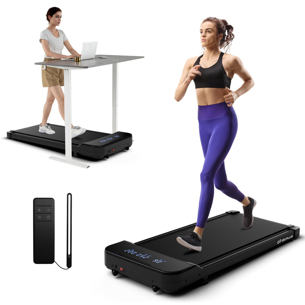 2.5HP under-desk walking pad featuring a quiet brushless motor, 4 mph speed, cushioned belt, and remote control