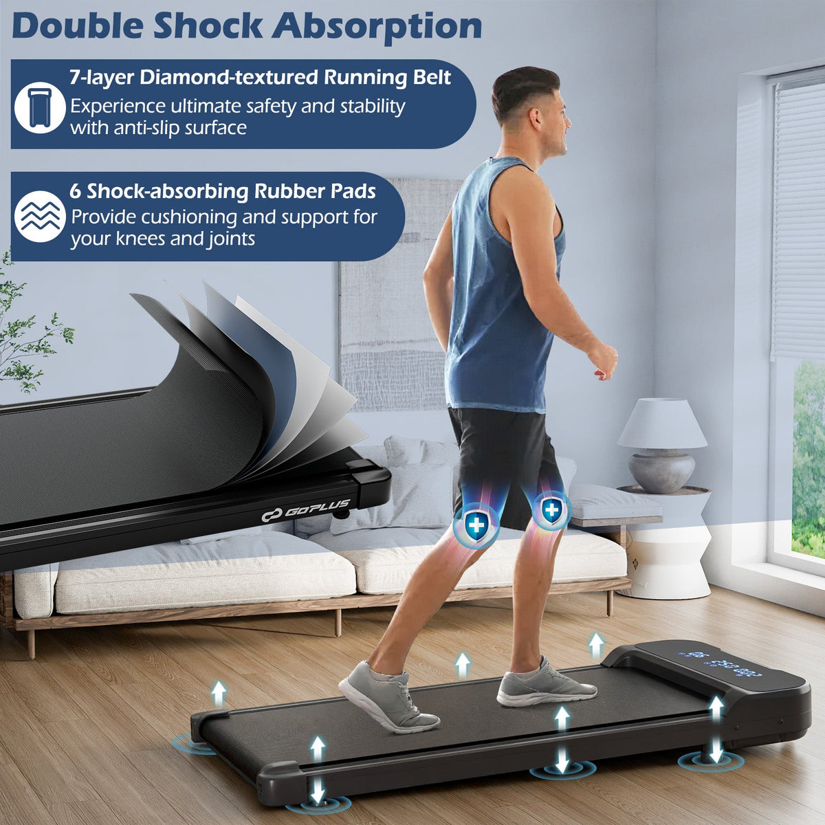 2.5HP under-desk walking pad featuring a quiet brushless motor, 4 mph speed, cushioned belt, and remote control