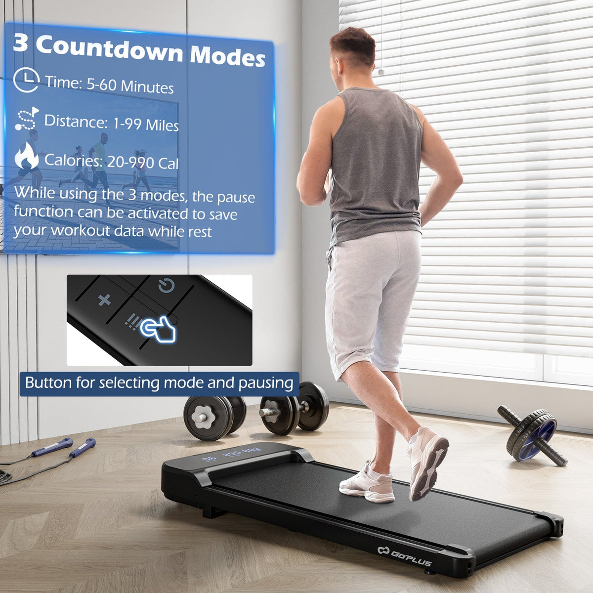 2.5HP under-desk walking pad featuring a quiet brushless motor, 4 mph speed, cushioned belt, and remote control