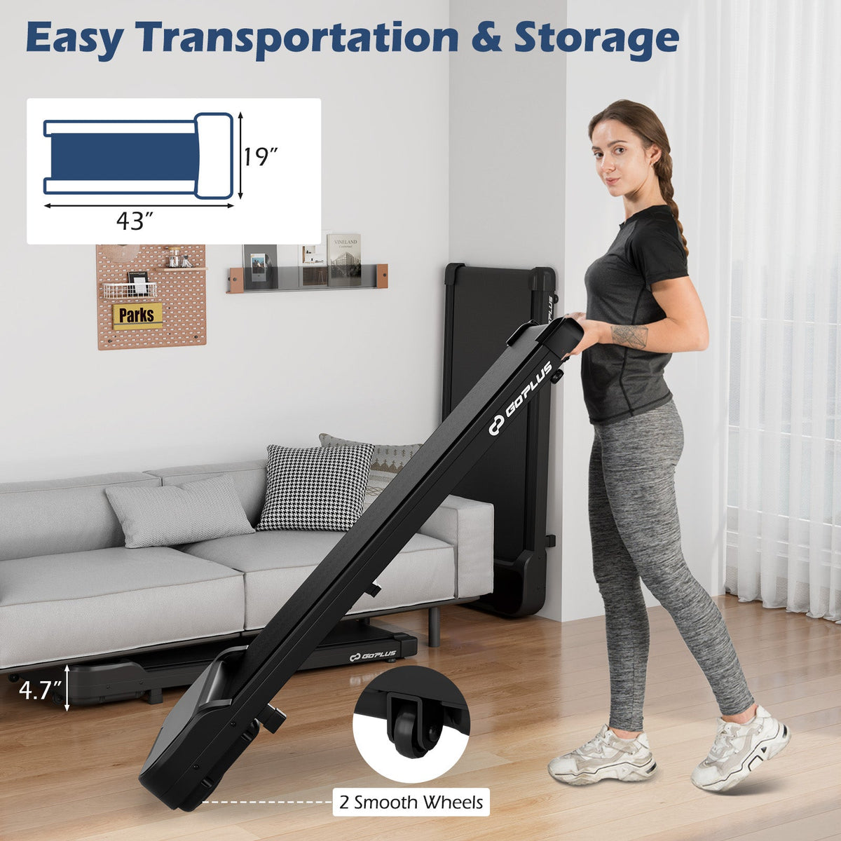 2.5HP under-desk walking pad featuring a quiet brushless motor, 4 mph speed, cushioned belt, and remote control