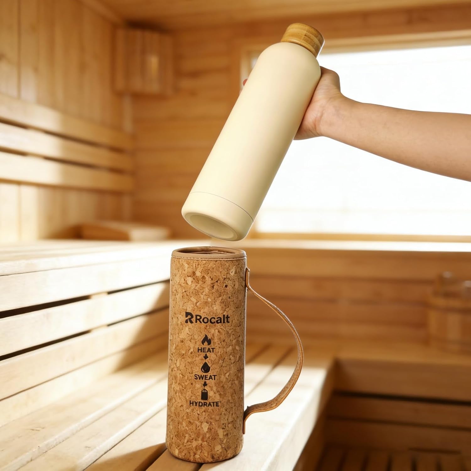 Sauna Water Bottle, 34 Oz Insulated Stainless Steel Bottle | Cork X Neoprene Outer Layer, Silicone Cup, Bamboo Lid, Sauna and Spa Use