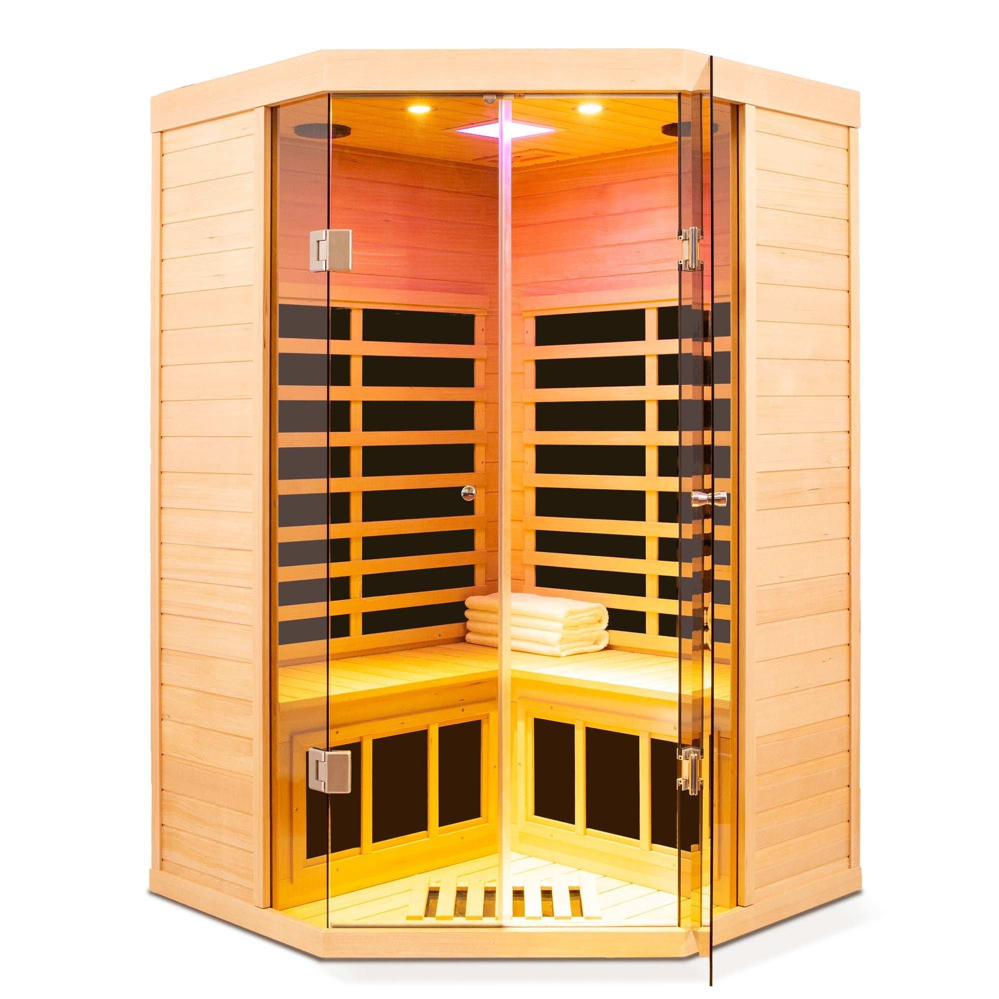 WellNest 2-Person Corner Infrared Sauna – Panoramic Glass Series