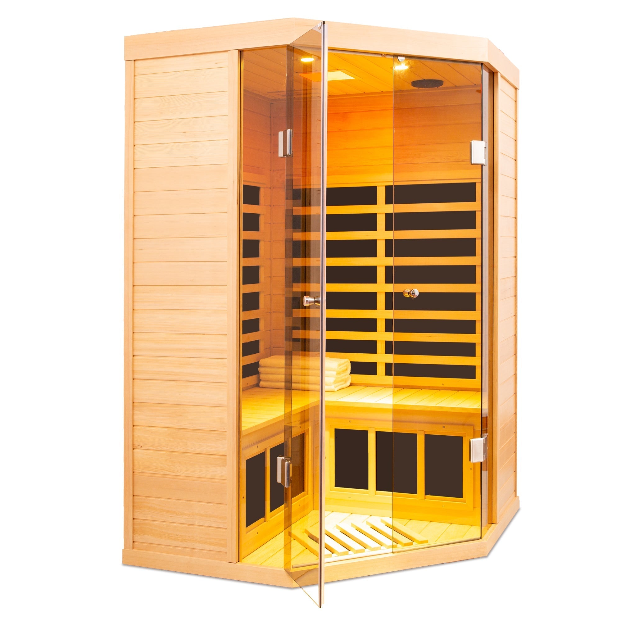 WellNest 2-Person Corner Infrared Sauna – Panoramic Glass Series