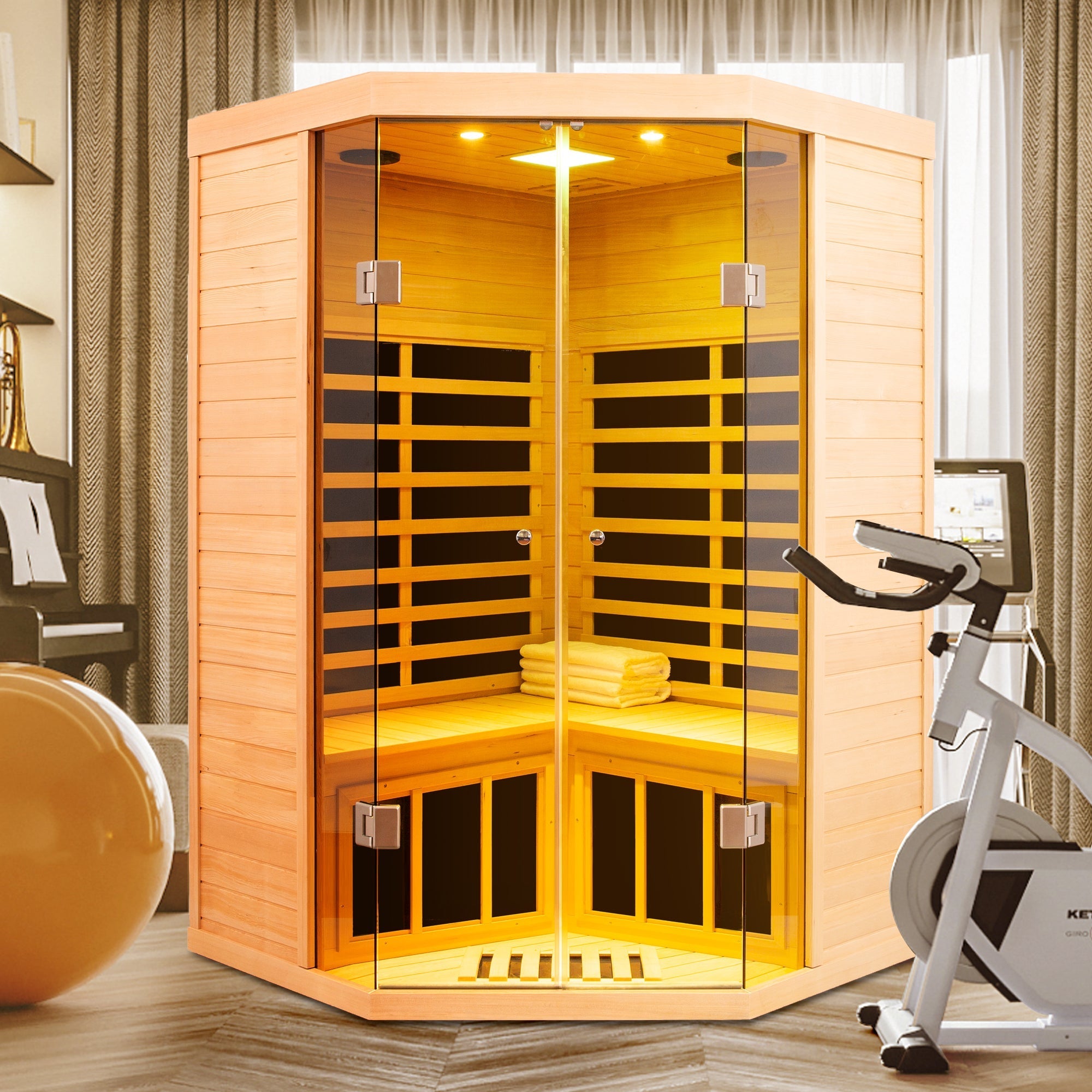 WellNest 2-Person Corner Infrared Sauna – Panoramic Glass Series