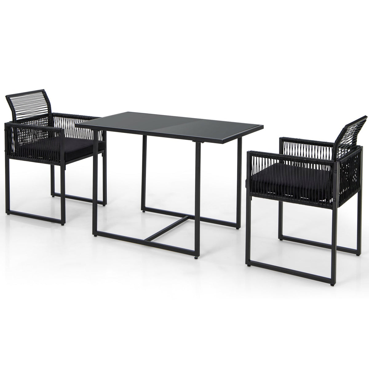3 Pieces Outdoor Dining Set with Folding Backrest and Seat Cushions-Black