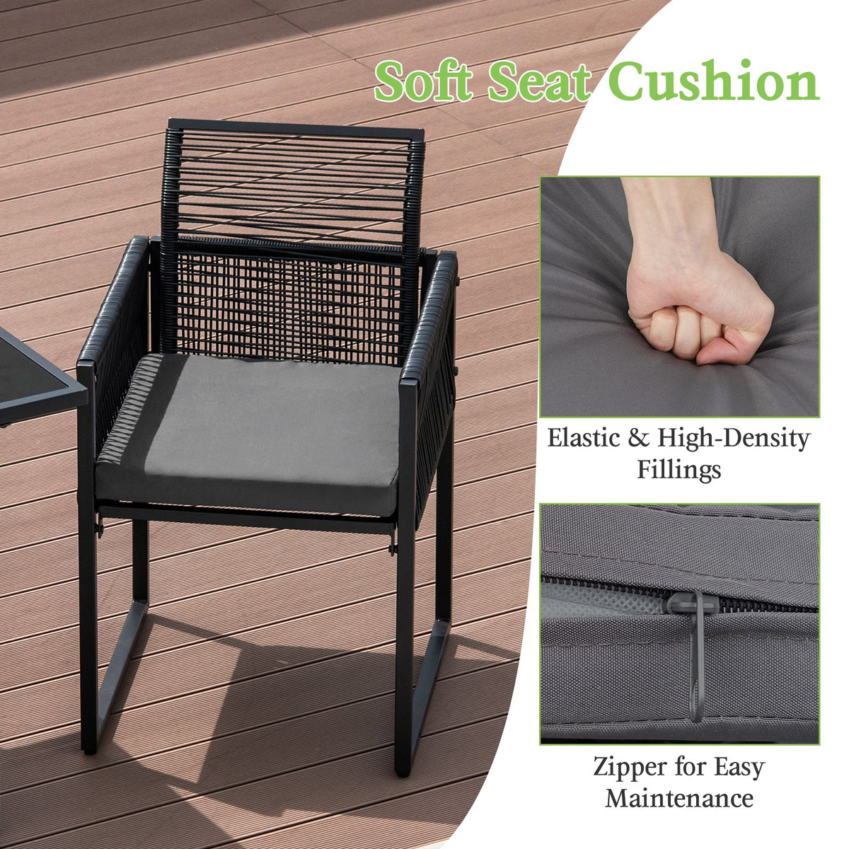 3 Pieces Outdoor Dining Set with Folding Backrest and Seat Cushions-Black