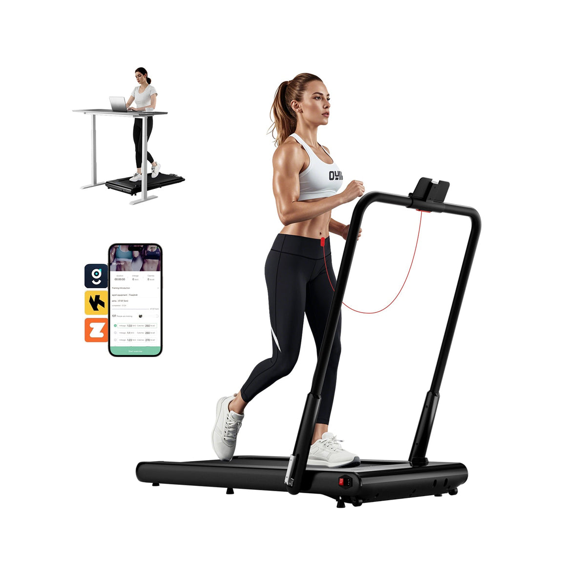 3HP folding treadmill featuring smart app connectivity, Bluetooth speakers, 7.6 mph speed, shock absorption, and 340-lb capacity
