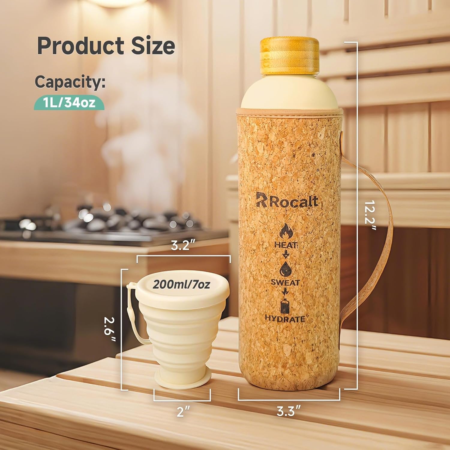 Sauna Water Bottle, 34 Oz Insulated Stainless Steel Bottle | Cork X Neoprene Outer Layer, Silicone Cup, Bamboo Lid, Sauna and Spa Use