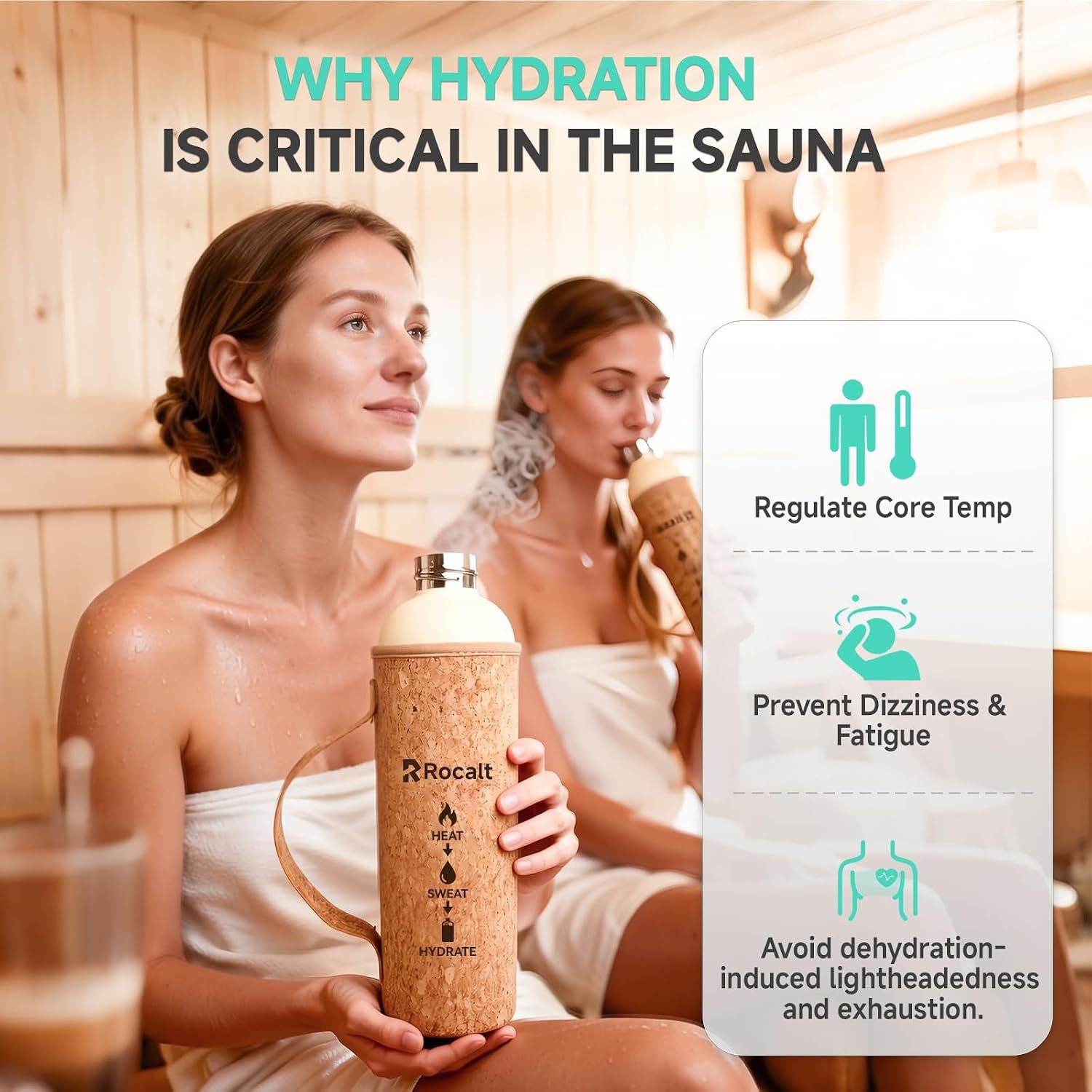 Sauna Water Bottle, 34 Oz Insulated Stainless Steel Bottle | Cork X Neoprene Outer Layer, Silicone Cup, Bamboo Lid, Sauna and Spa Use