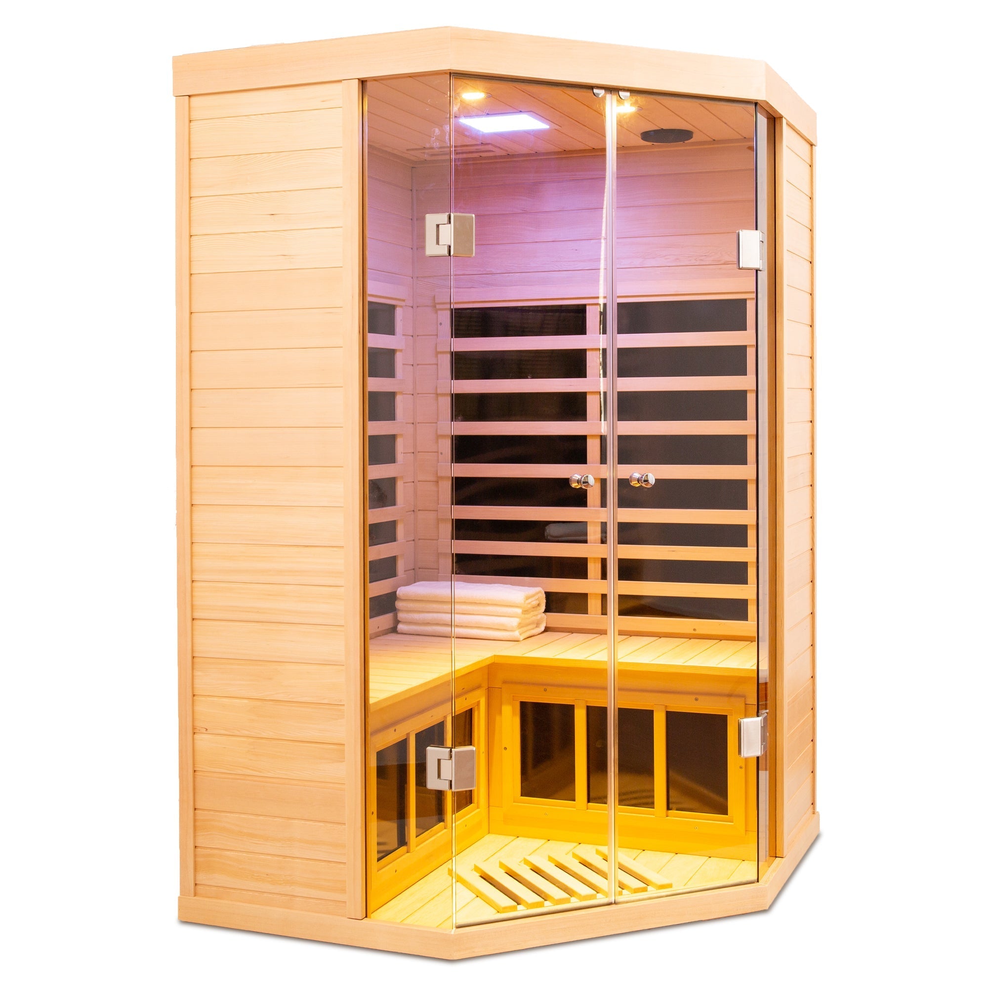 WellNest 2-Person Corner Infrared Sauna – Panoramic Glass Series