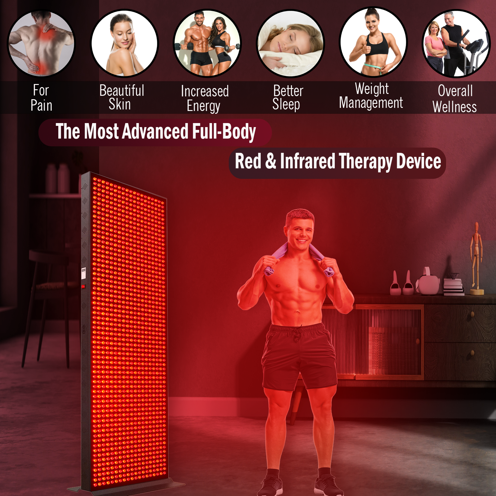 EXESAS  1216 LED, 6080W Dual-Chip, Red Light Therapy Device for Full Body, 4-Wavelengths Infrared LED Panel for Skin, Weight, Pain, Wellness