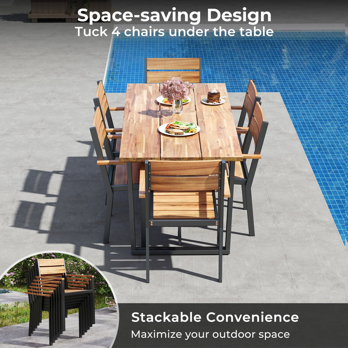 7 Pieces Acacia Wood Patio Dining Set with Metal Frame and 2 Inches Umbrella Hole