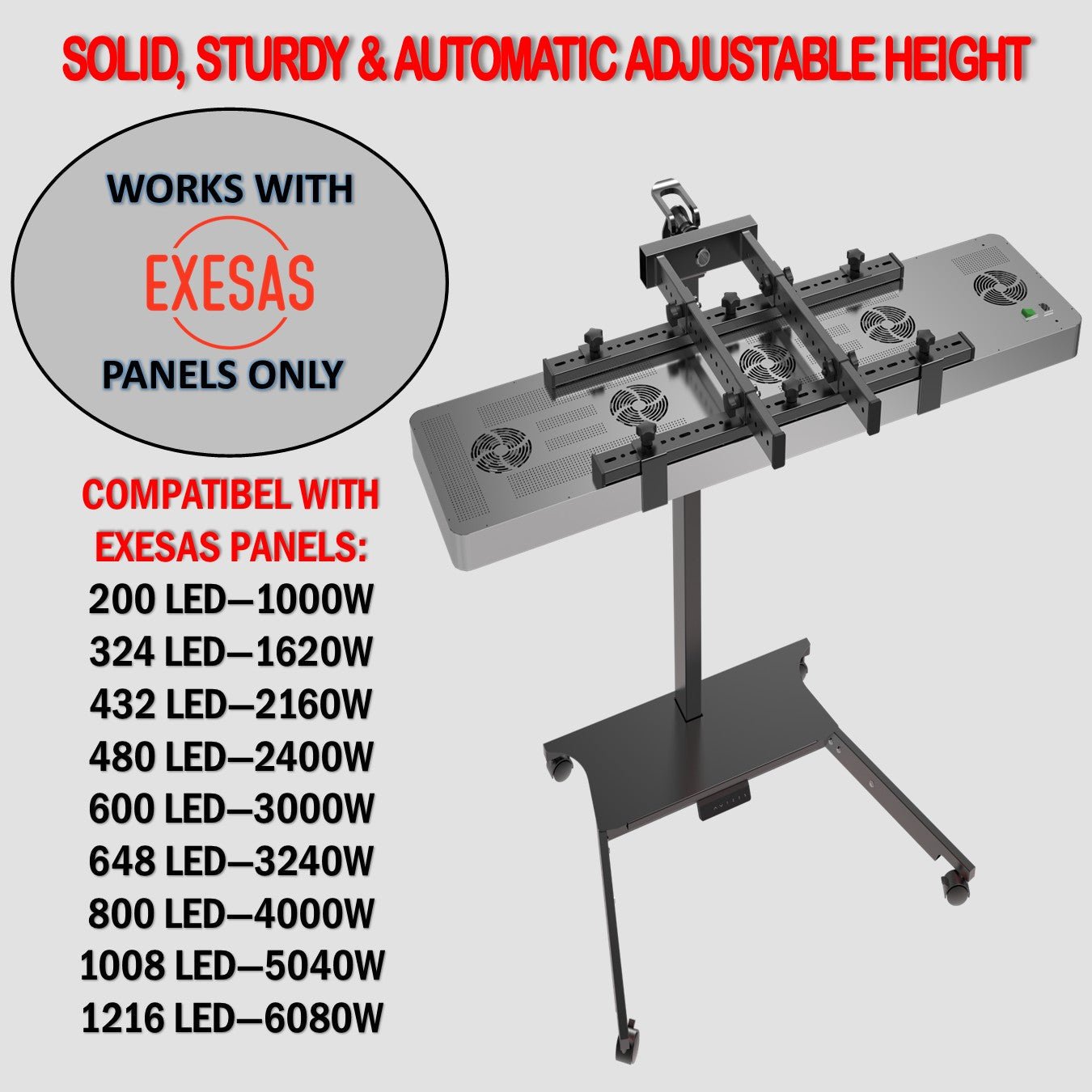 EXESAS Horizontal/Vertical Stand | Powered Automatic Rolling Red Light Therapy Panels, Auto Height Adjustment, (Panel Sold Separately)
