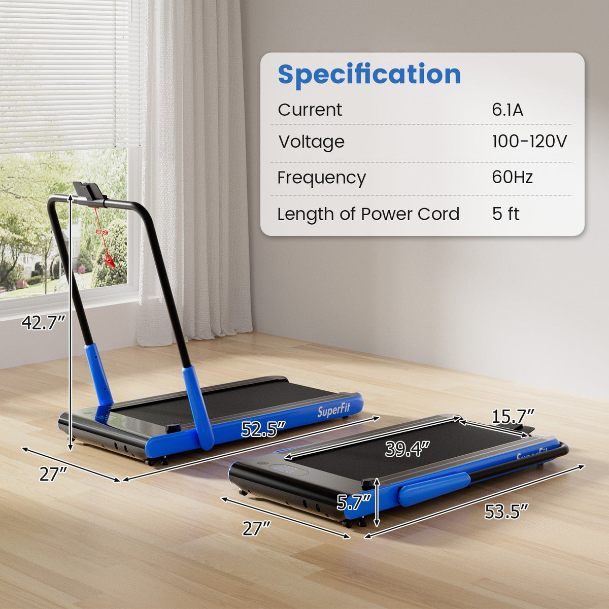 3HP folding treadmill featuring smart app connectivity, Bluetooth speakers, 7.6 mph speed, shock absorption, and 340-lb capacity