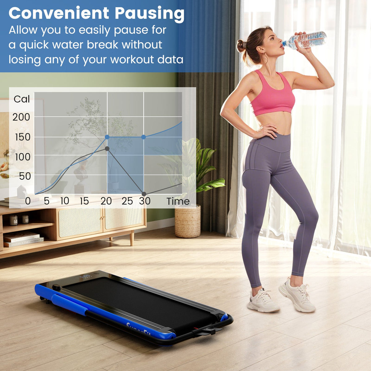 3HP folding treadmill featuring smart app connectivity, Bluetooth speakers, 7.6 mph speed, shock absorption, and 340-lb capacity