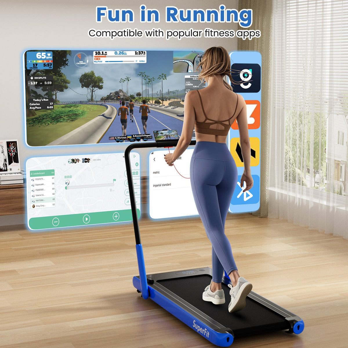 3HP folding treadmill featuring smart app connectivity, Bluetooth speakers, 7.6 mph speed, shock absorption, and 340-lb capacity
