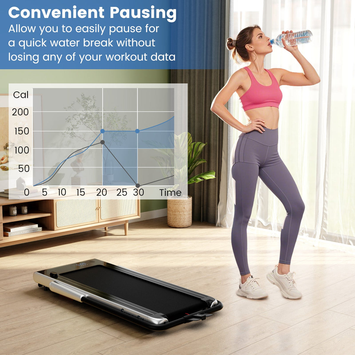 3HP folding treadmill featuring smart app connectivity, Bluetooth speakers, 7.6 mph speed, shock absorption, and 340-lb capacity