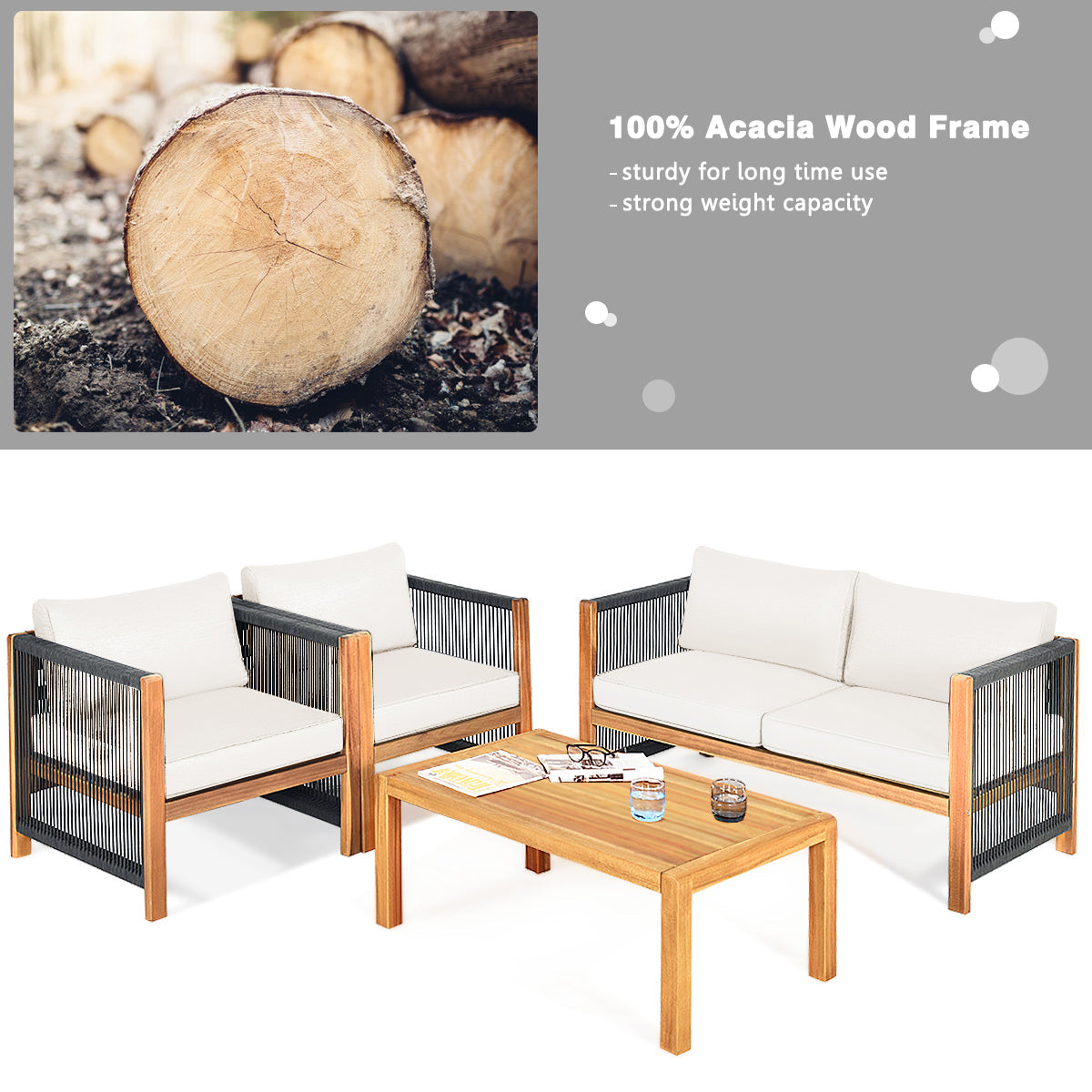 4 Pieces Wood Outdoor Patio Furniture Set with Cushions for Garden