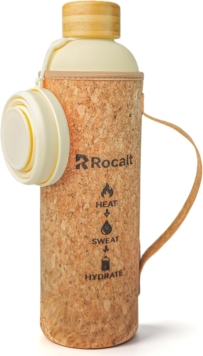 Sauna Water Bottle, 34 Oz Insulated Stainless Steel Bottle | Cork X Neoprene Outer Layer, Silicone Cup, Bamboo Lid, Sauna and Spa Use