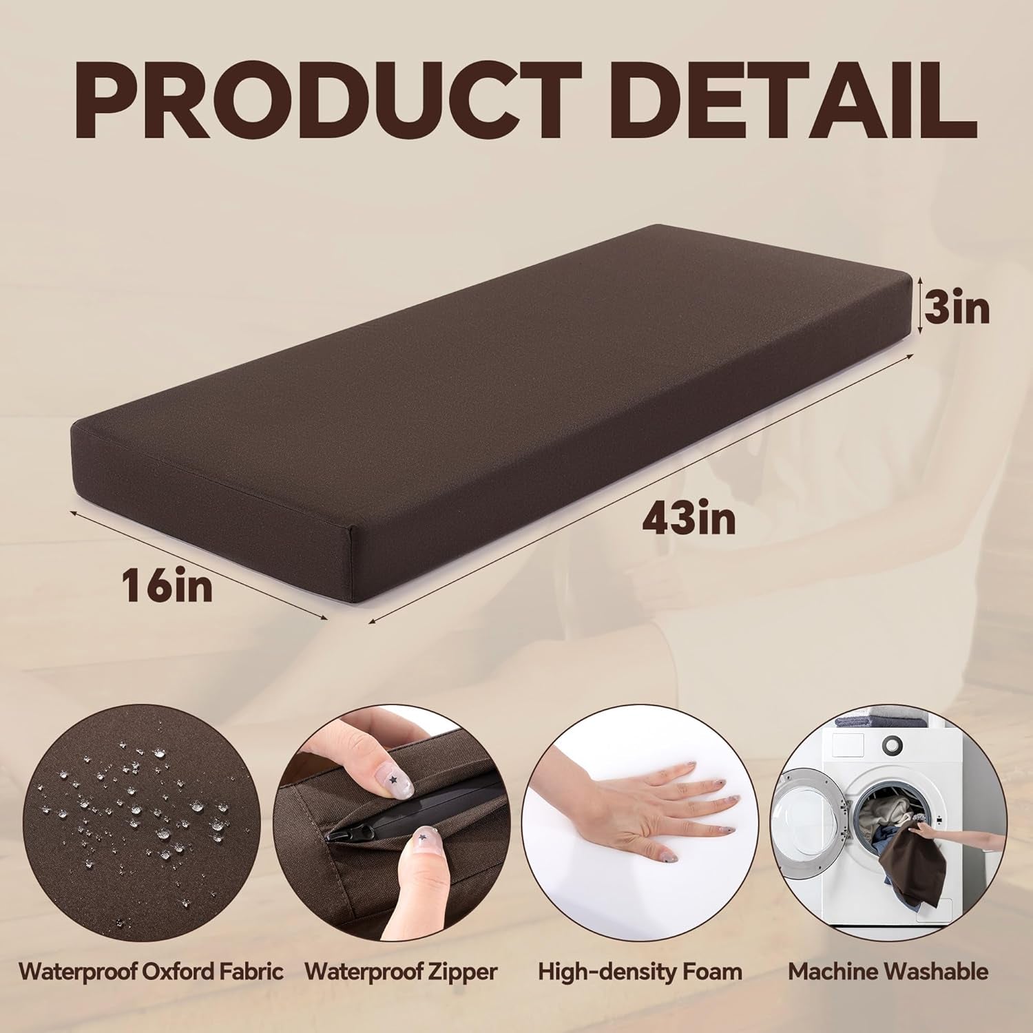 Waterproof Sauna Seat Cushion, Thick High-Density Foam Heat Insulation Mat for Sauna Bath House Shower Room, Sauna Accessories for Infrared Sauna Resting(Brown)