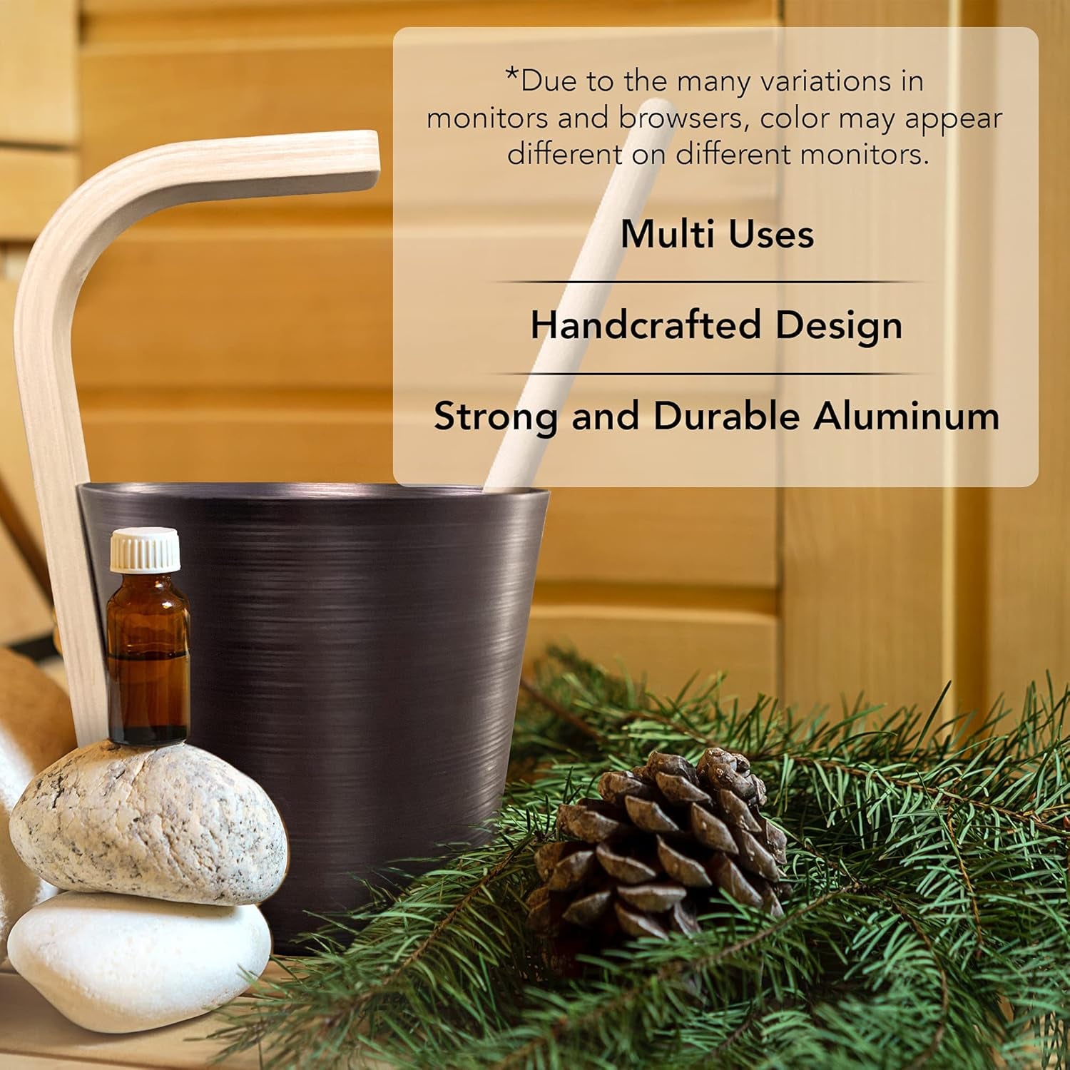 Premium Aluminum Sauna Bucket with Long Handle Ladle- Perfect Sauna Accessories for Spa Sauna and Home Sauna or Steam Room- Sauna Spa Accessories Kit Includes Bucket and Ladle (Bronze)