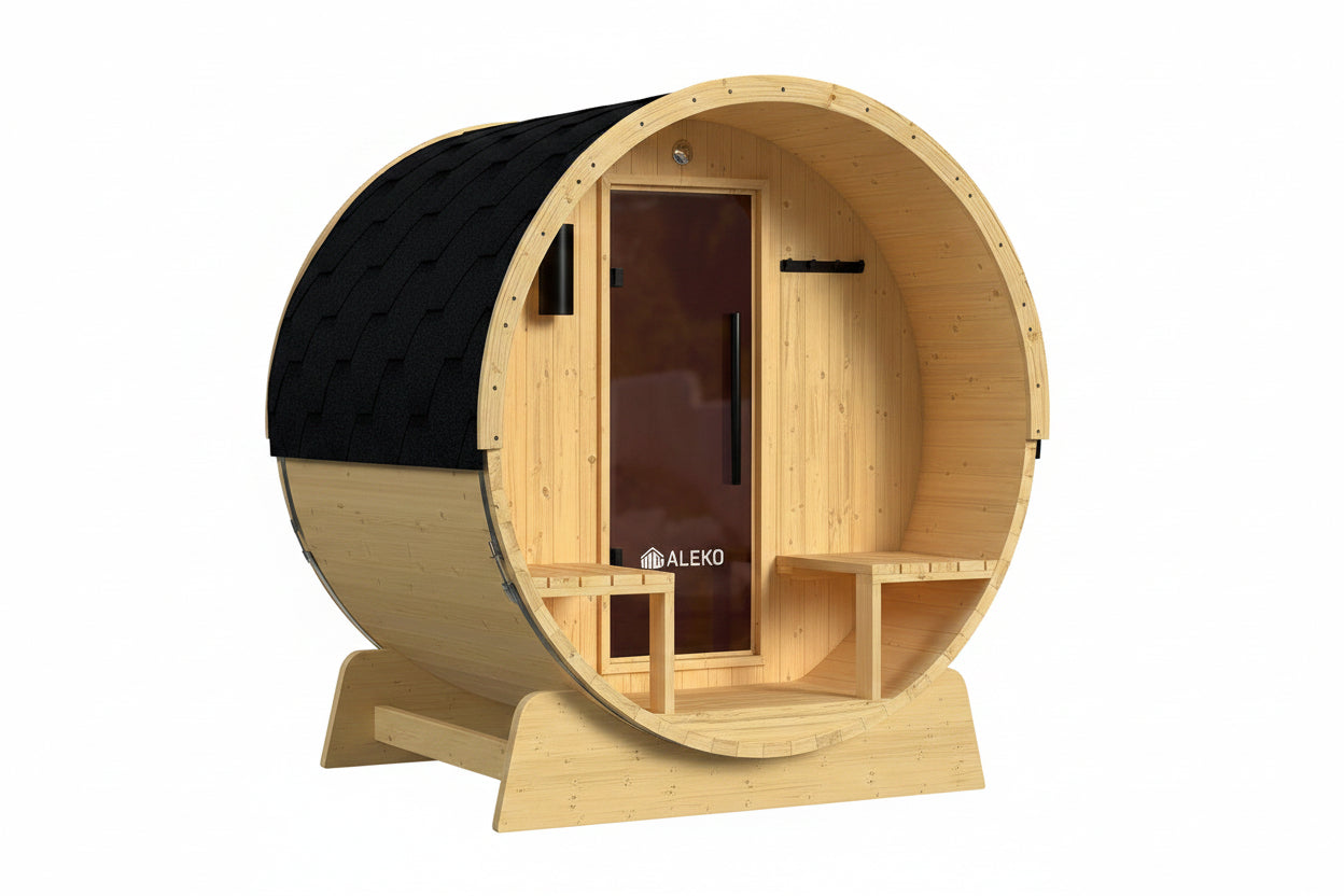 Outdoor Indoor Finland Pine Wet Dry Barrel Sauna 3-5 Person Front Porch Canopy 4.5 Kw ETL Certified Bitumen Shingle Roof