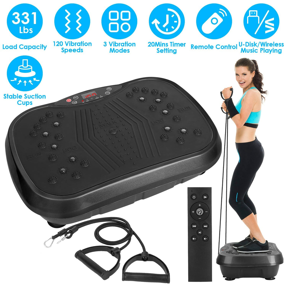 Vibration Exercise Machine Vibrating Plate Platform Whole Body Fitness Vibration Workout Equipment with 120 Speeds 1-20Mins Timer Resistant Bands Remo
