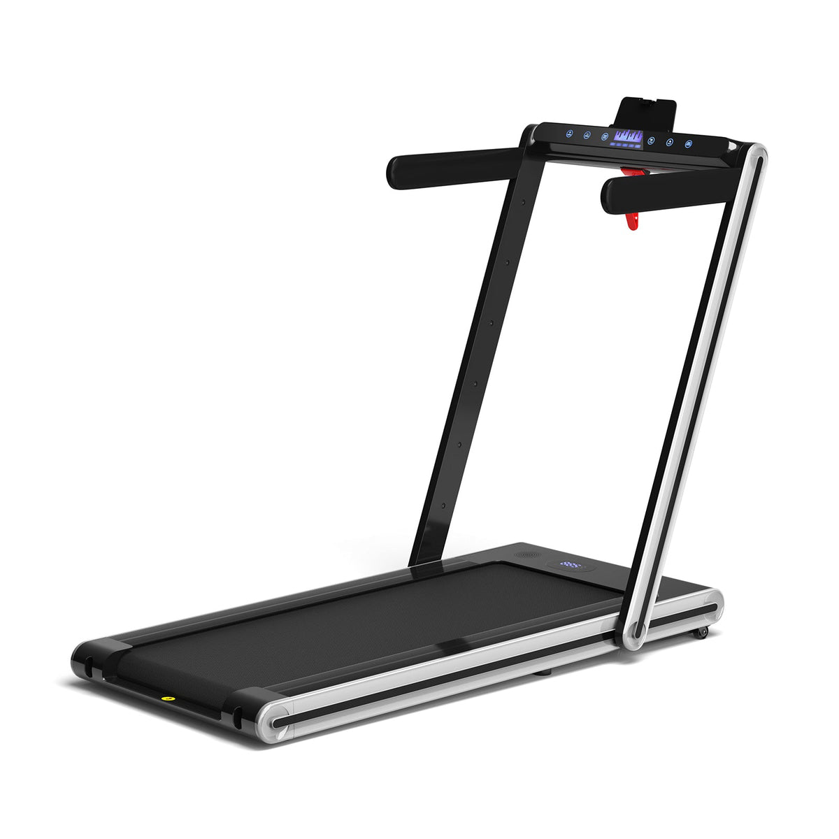 2.25HP folding treadmill featuring a 9 mph top speed, dual LED displays, touchscreen, Gymax app, and remote control