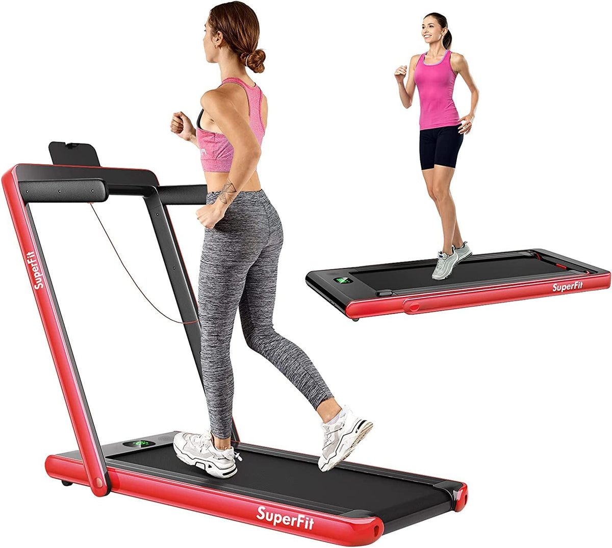 2.25HP folding treadmill featuring 2-in-1 modes, Gymax app compatibility, LED display, shock absorption, and remote control.