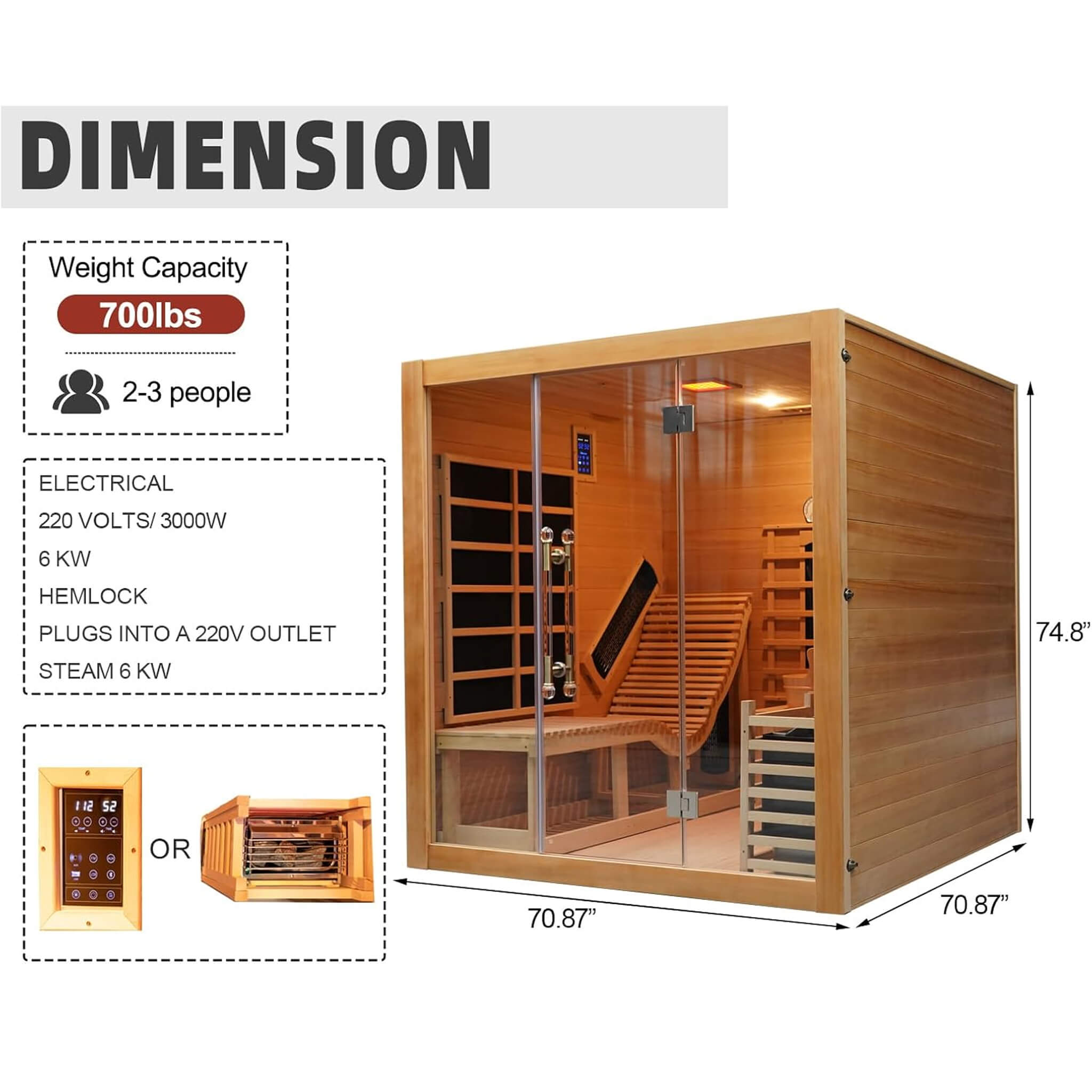 WellNest Rövia Oasis 3-Person Indoor Hybrid Sauna Room With Built-In Lounge Chair [Made-To-Order]