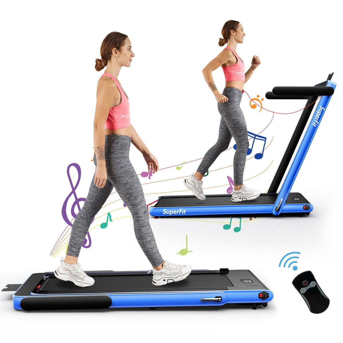 2.25HP folding treadmill featuring 2-in-1 modes, Gymax app compatibility, LED display, shock absorption, and remote control.