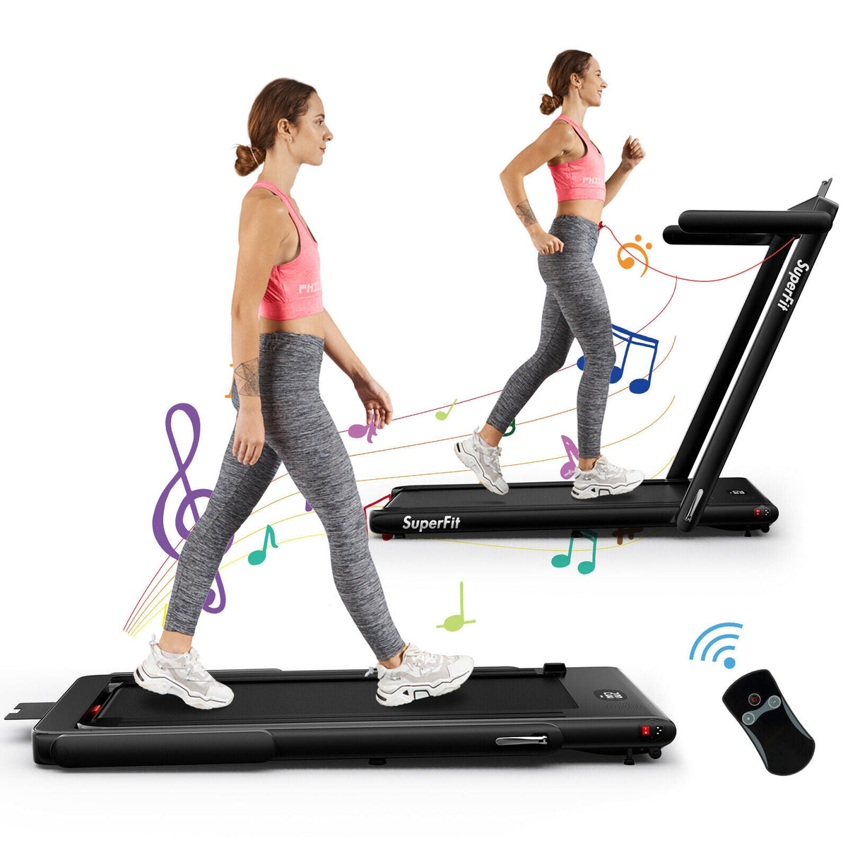 2.25HP folding treadmill featuring 2-in-1 modes, Gymax app compatibility, LED display, shock absorption, and remote control.