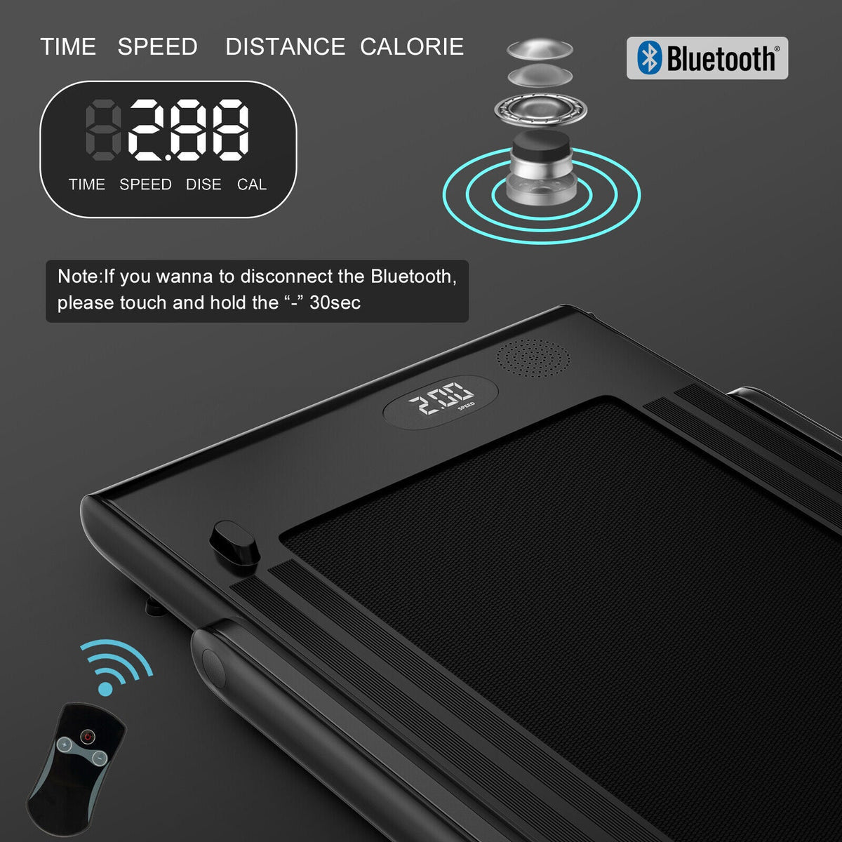2.25HP folding treadmill featuring 2-in-1 modes, Gymax app compatibility, LED display, shock absorption, and remote control.