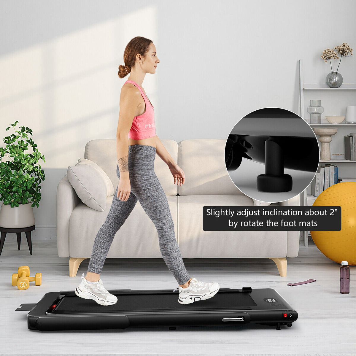 2.25HP folding treadmill featuring 2-in-1 modes, Gymax app compatibility, LED display, shock absorption, and remote control.