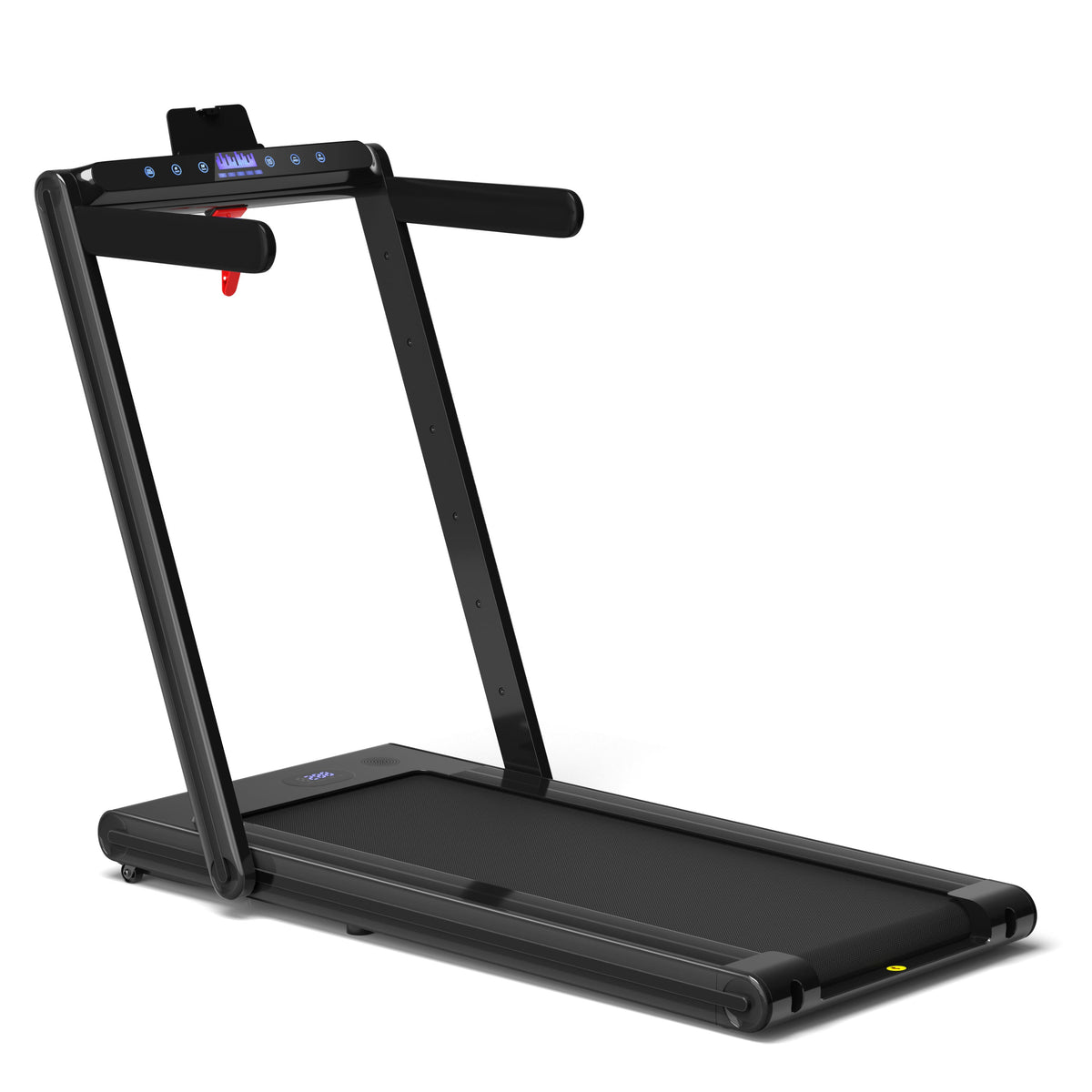 2.25HP folding treadmill featuring a 9 mph top speed, dual LED displays, touchscreen, Gymax app, and remote control
