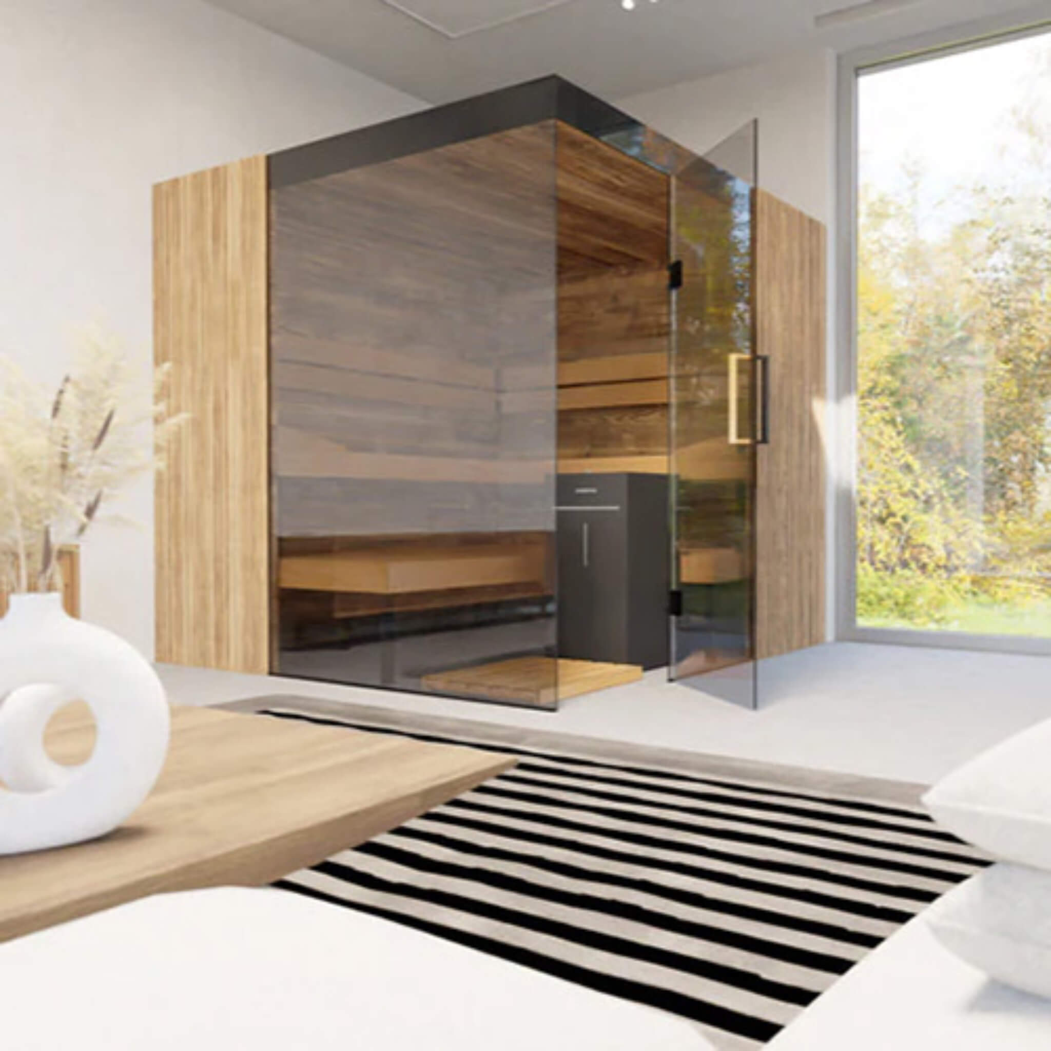 WellNest ThermaSol Aalto™ | 4-Person Indoor Semi Panoramic Glass Sauna Cabin [Made-To-Order]