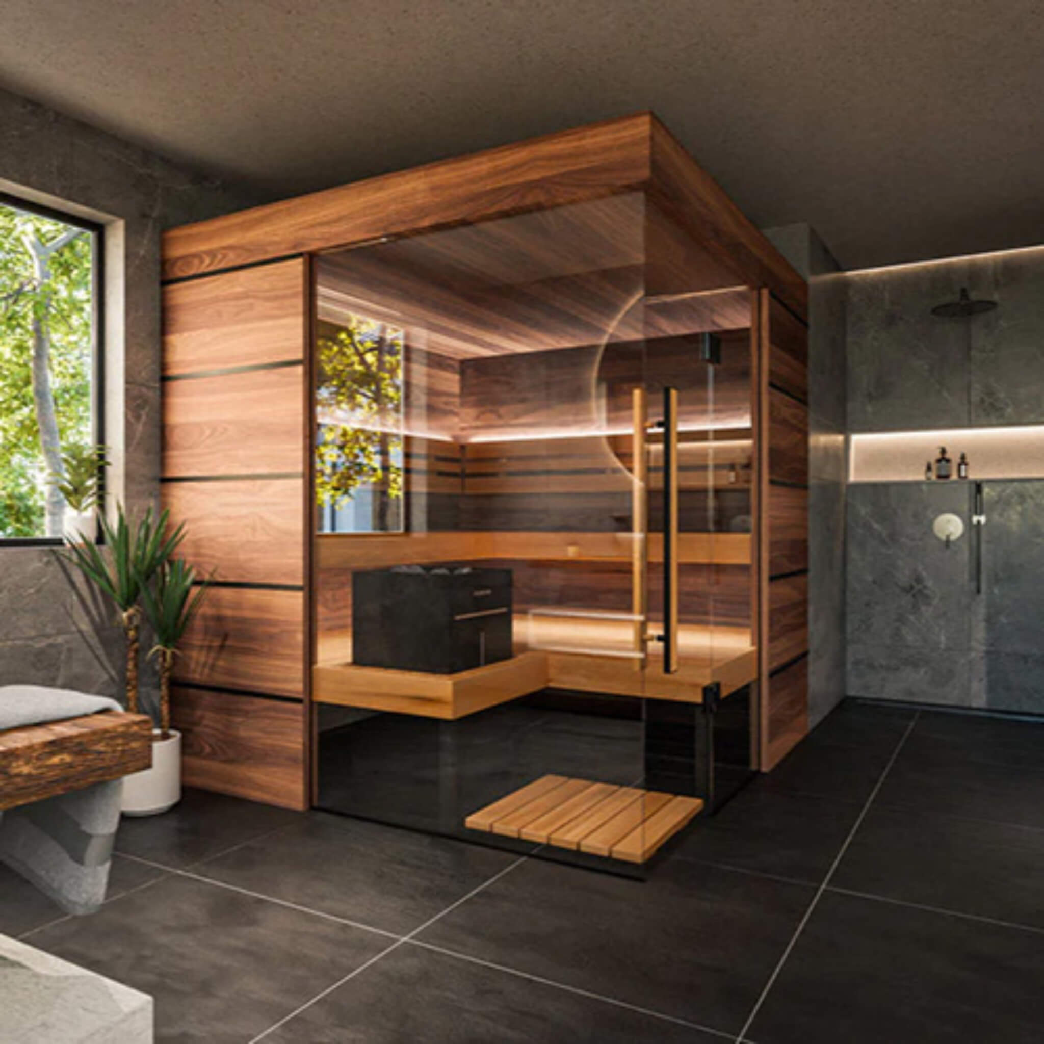 WellNest ThermaSol Astra™ | 4-Person Indoor Semi Panoramic Glass Sauna Cabin [Made-To-Order]