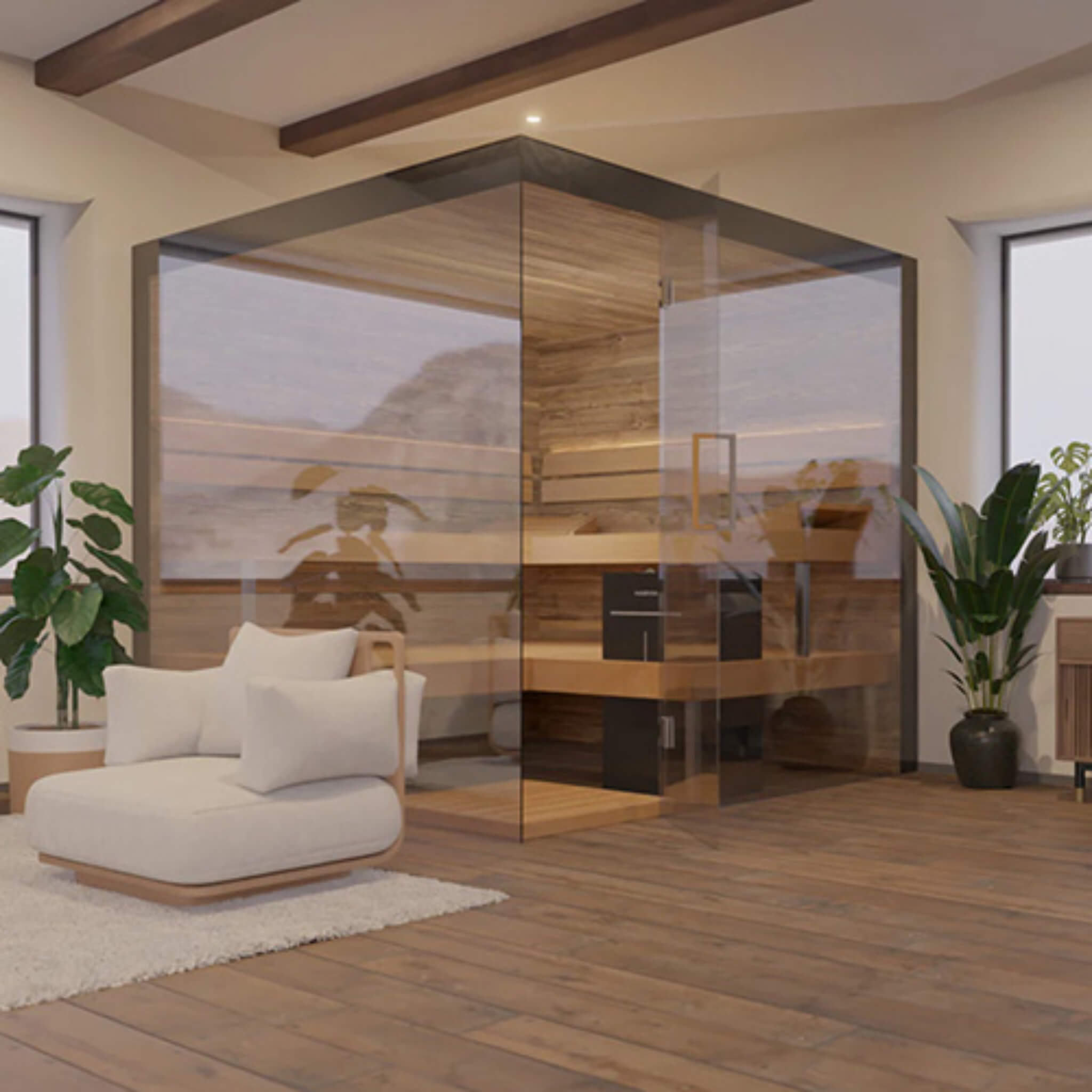 WellNest ThermaSol Lumaria™ | 2-5 Person Indoor Glass Sauna Cabin