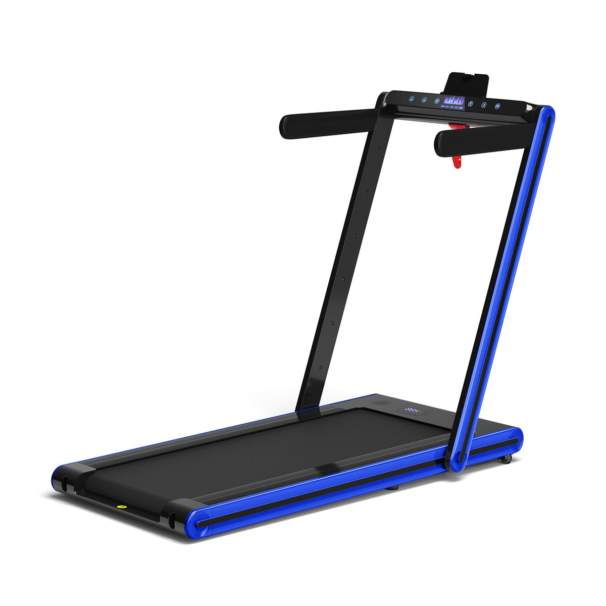 2.25HP folding treadmill featuring a 9 mph top speed, dual LED displays, touchscreen, Gymax app, and remote control