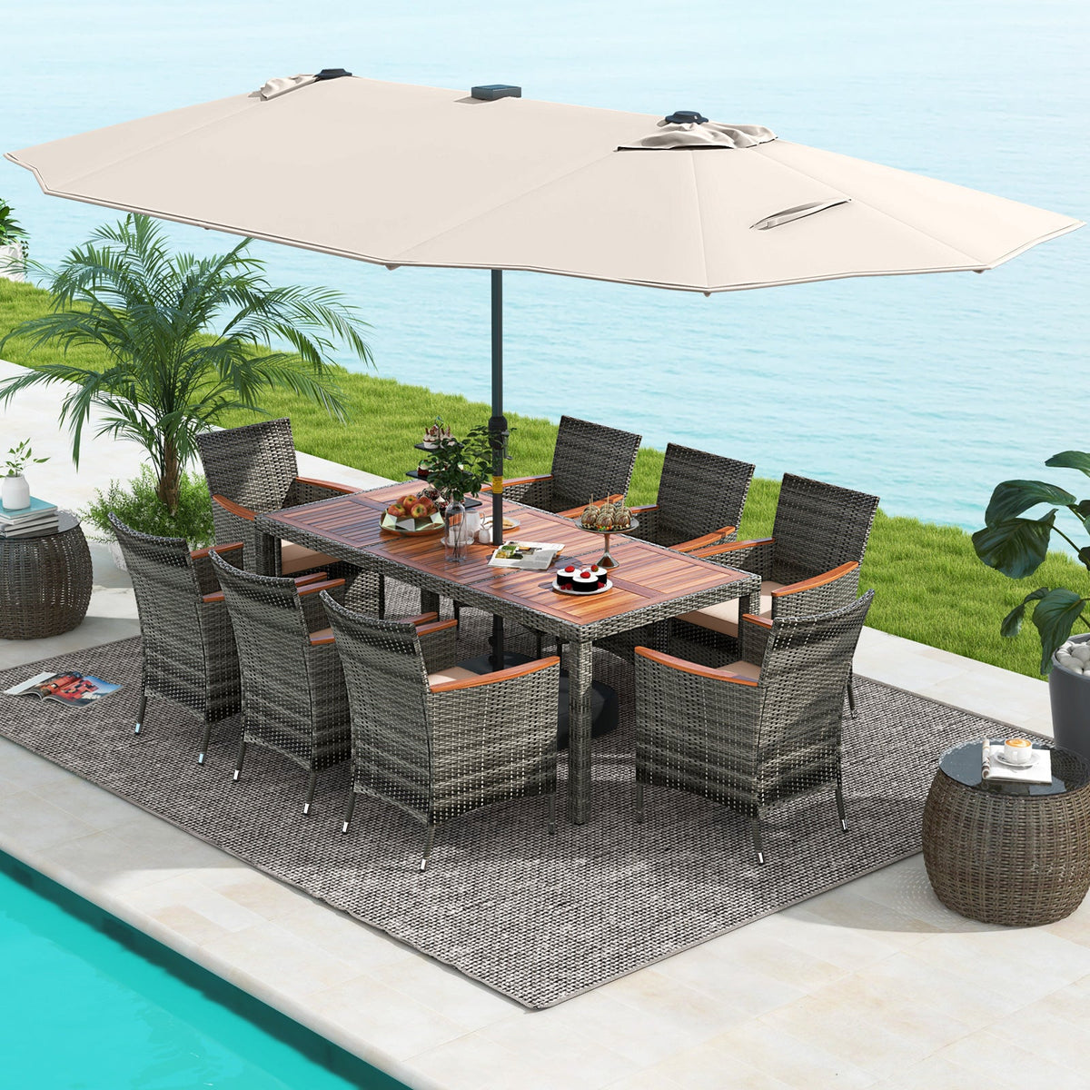 11 Pieces Patio Dining Set with 15 Feet Double-Sided Patio Umbrella Base Included