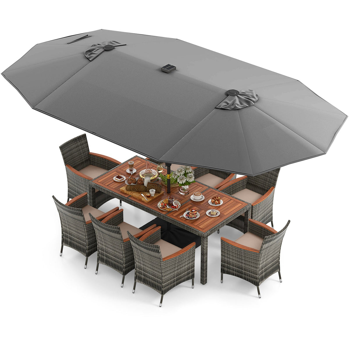 11 Pieces Patio Dining Set with 15 Feet Double-Sided Patio Umbrella Base Included