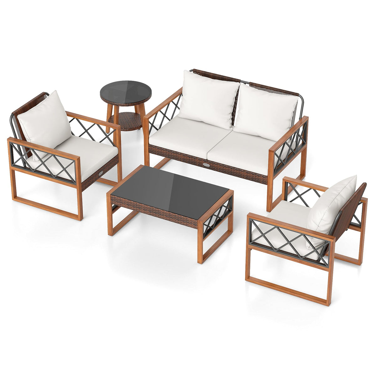5 Pieces PE Wicker Patio Furniture Set with Acacia Wood Frame