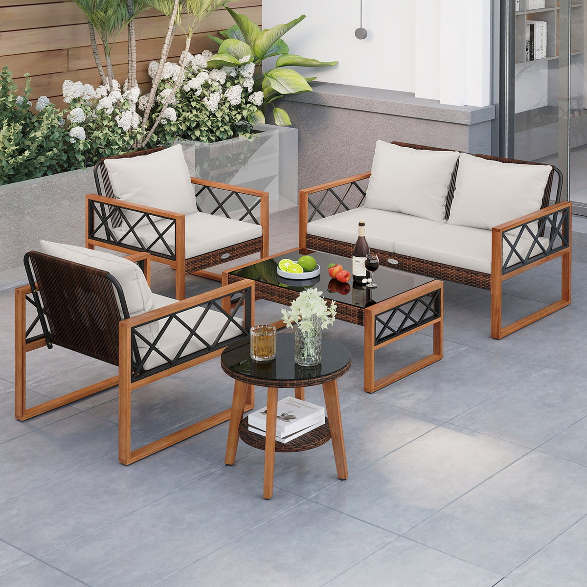 5 Pieces PE Wicker Patio Furniture Set with Acacia Wood Frame